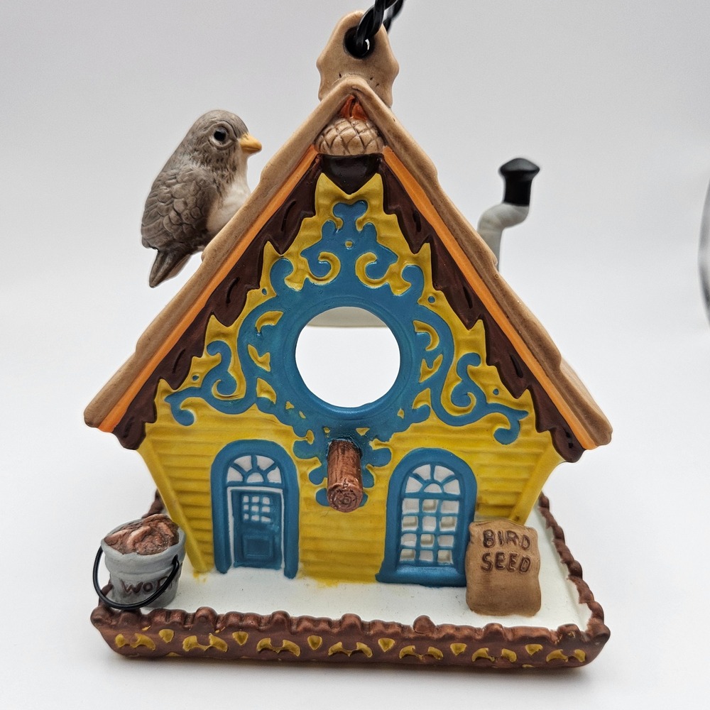 PartyLite Birdhouse Tea Light Candle Holder Ceramic Yellow Blue Cottagecore